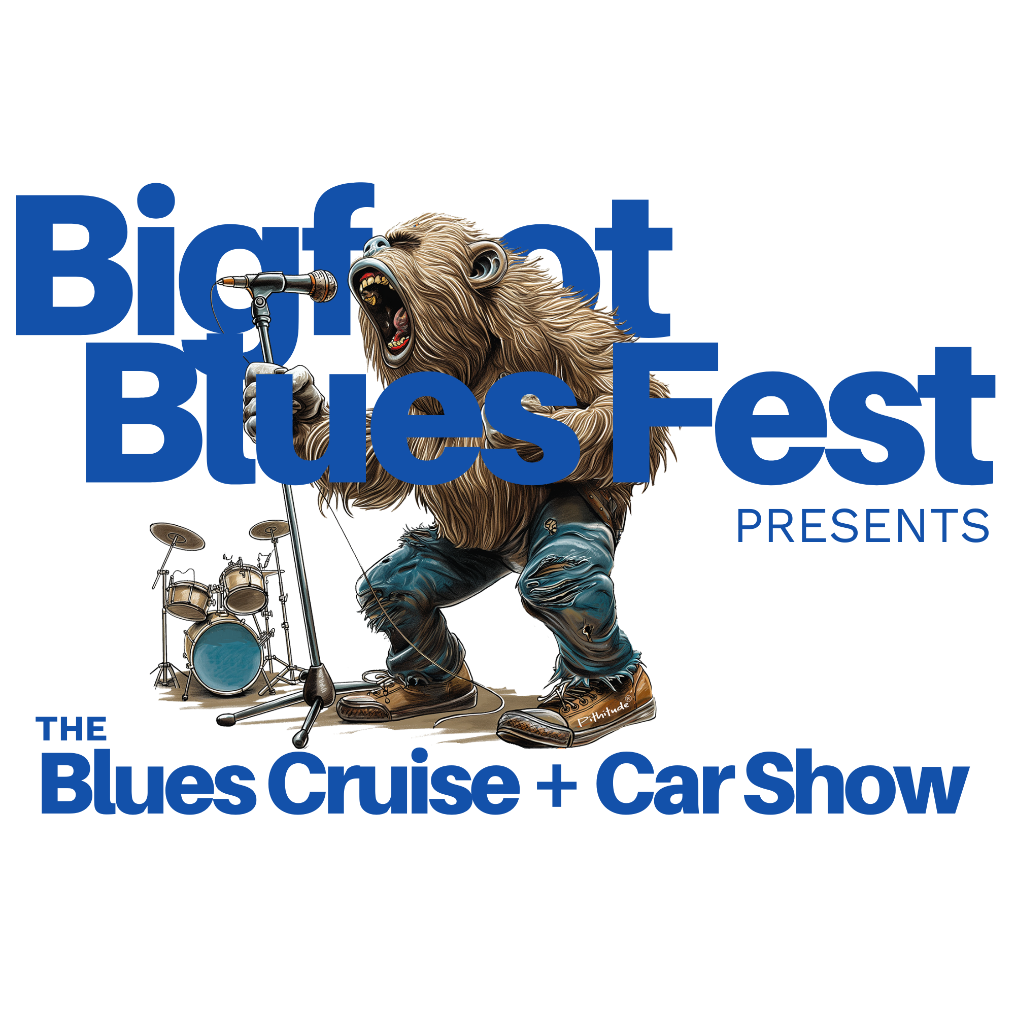 Bigfoot Blues Festival poster with a Bigfoot character holding a microphone and wearing jeans and sneakers. Musical notes and a drum set are in the background. Event details include dates: July 25th-27th, 2025, in Brookings, Oregon, with times listed for each day.
