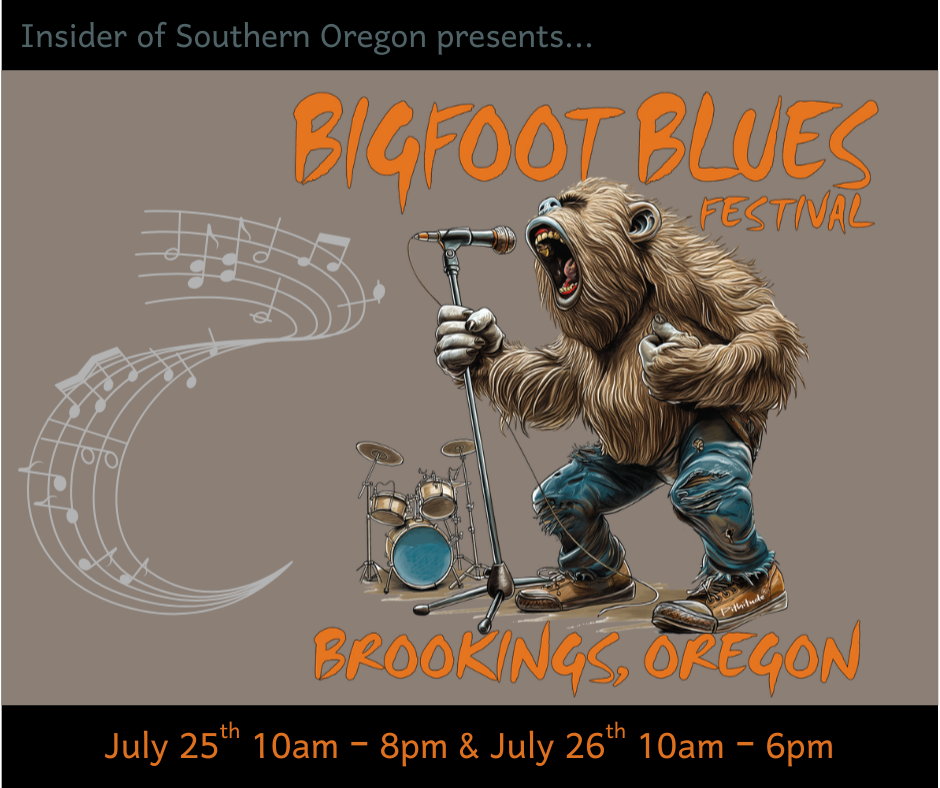 Bigfoot Blues Festival poster with a Bigfoot character holding a microphone and wearing jeans and sneakers. Musical notes and a drum set are in the background. Event details include dates: July 25th-27th, 2025, in Brookings, Oregon, with times listed for each day.