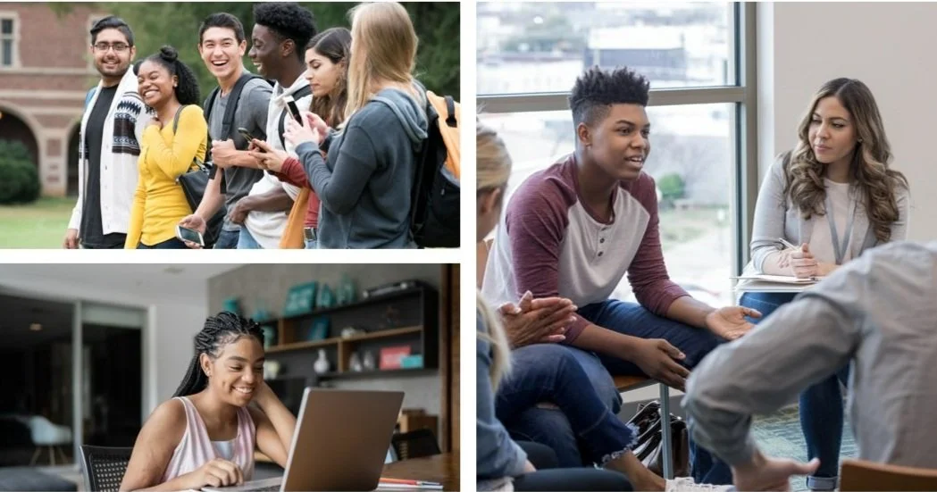 A collage of three images showing diverse students. Top left: Group of students walking outdoors on campus, smiling and talking. Bottom left: Student sitting indoors, smiling while using a laptop. Right: Students sitting in a room, engaged in discussion.