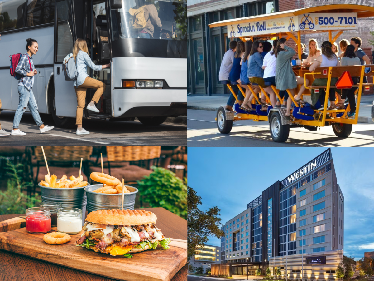 Collage of images showing people boarding a tour bus, a group on a pedal bar bike, a gourmet burger with fries and onion rings, and a Westin hotel building at dusk.