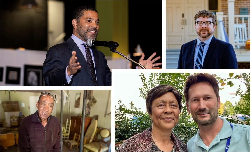 Collage of five Adventure Scholar experts and speakers in different settings: a person speaking at a podium, a person standing in front of a building, an individual indoors near furniture, and two people outdoors posing together.