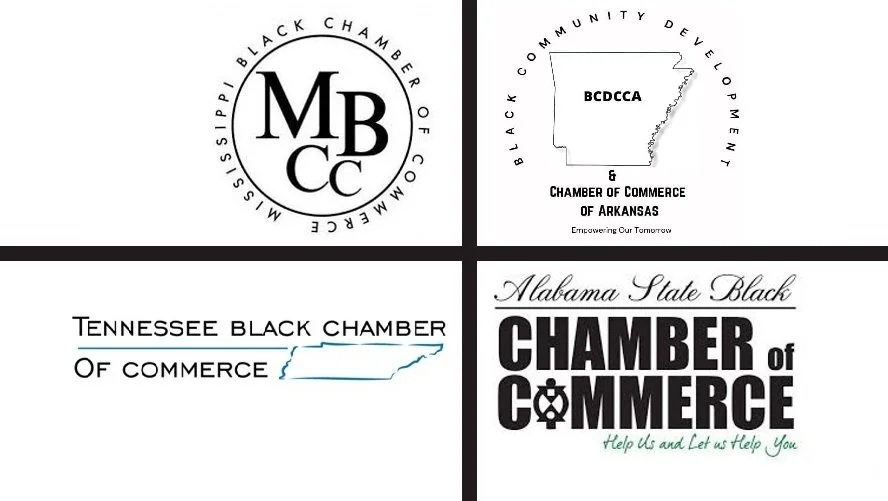 Logos of various Black Chambers of Commerce in different states, including Mississippi, Arkansas, Tennessee, and Alabama.