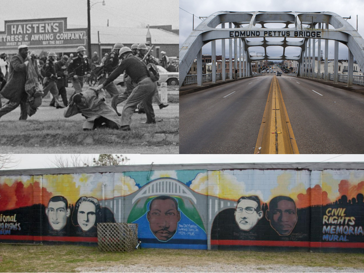 Collage of historical civil rights images featuring a black and white photo of police beating protesters, the Edmund Pettus Bridge, and a colorful civil rights mural.