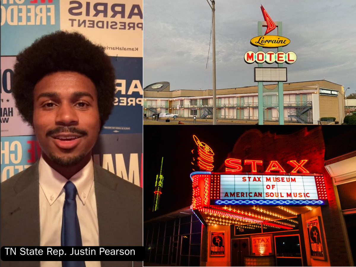 Collage featuring three images: 1) Close up of Tennessee  State Rep. Justin Pearson in a suit; 2) Exterior of the Lorraine Motel where MLK, Jr. was killed; 3) Stax Museum of American Soul Music with an illuminated sign at night.