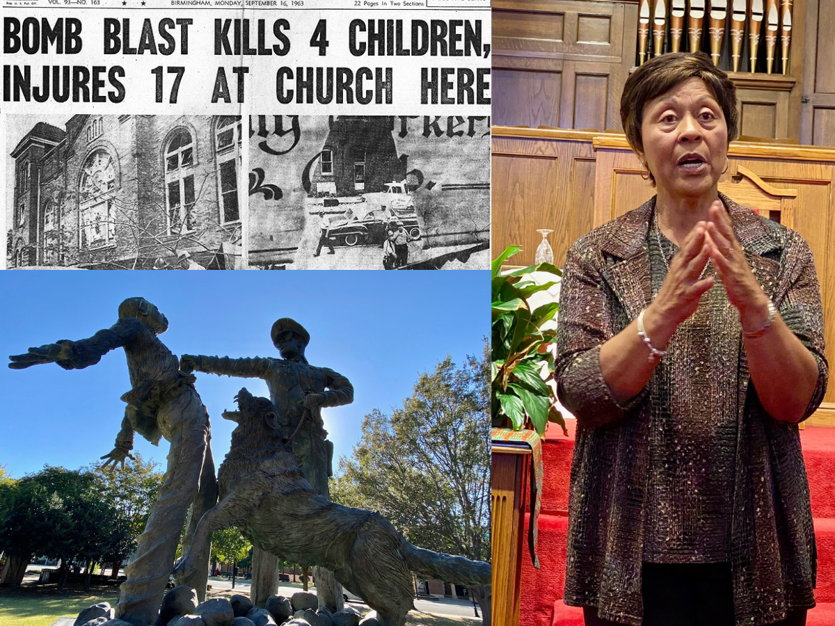 Collage showing a newspaper headline about a church bombing, a statue depicting civil rights struggle, and Dr. Carolyn McKinstry speaking at 16th St. Baptist Church about the bombing she survived.