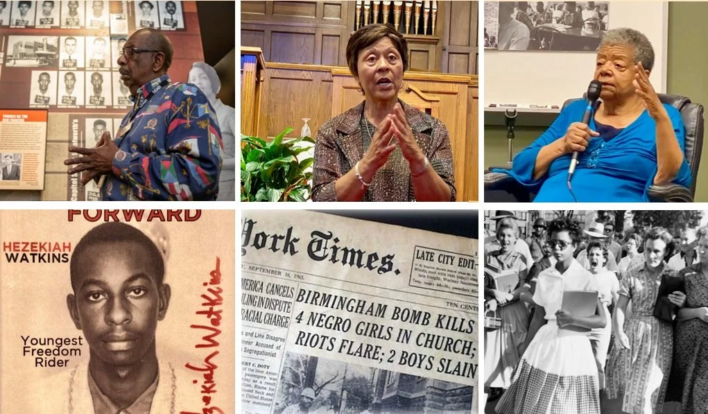 Collage of historical and civil rights images: a man speaking at a museum, a woman presenting at a podium, another woman speaking into a microphone, identification of Hezekiah Watkins, a vintage New York Times headline about Birmingham bombing, and a historical photo of women walking in a civil rights march.