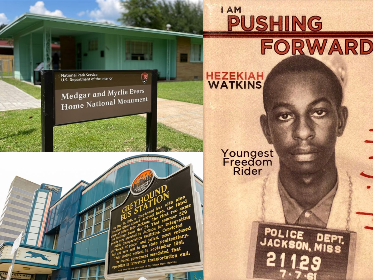 Collage of civil rights history images: Medgar and Myrlie Evers Home National Monument with a sign in front, historic Greyhound bus station in Jackson, Mississippi, and a vintage photo of a young Freedom Rider with "Pushing Forward" text.