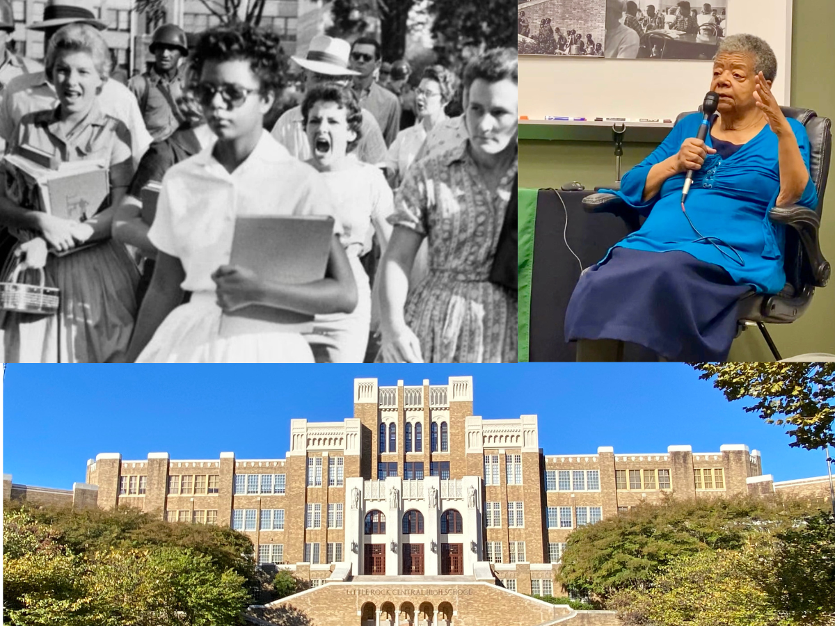 Collage of photos with a black and white photo of white students yelling at a black student, Elizabeth Eckford, during school integration; a photo of a now elderly Eckford speaking to a group; and the exterior of Little Rock Central High School.