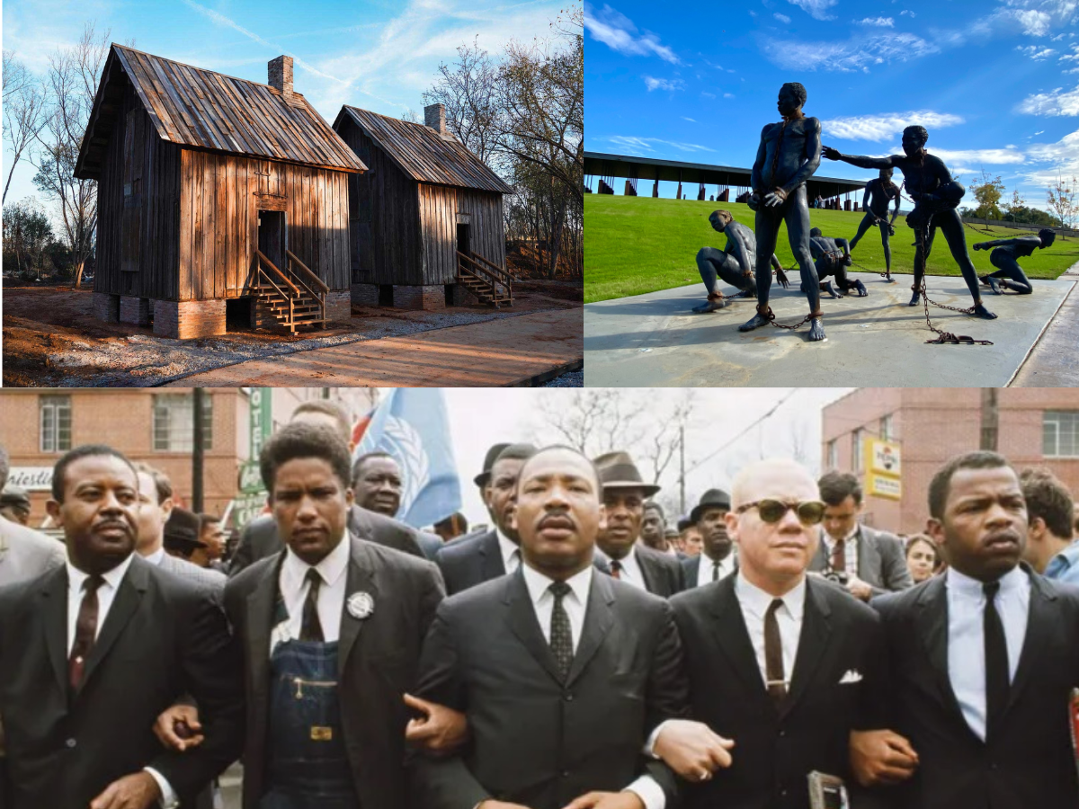 Collage of three images: historic wooden slave cabins, a sculpture of enslaved people in chains, and a group of civil rights leaders marching arm-in-arm with Reverend Dr. Martin Luther King, Jr.