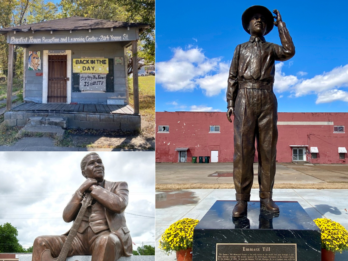 Collage featuring: 1) a small building labeled 'Baptist Town Reception and Learning Center,' 2) a bronze statue of Emmitt Till with a hat, 3) a statue of B.B. King, seated with a guitar.