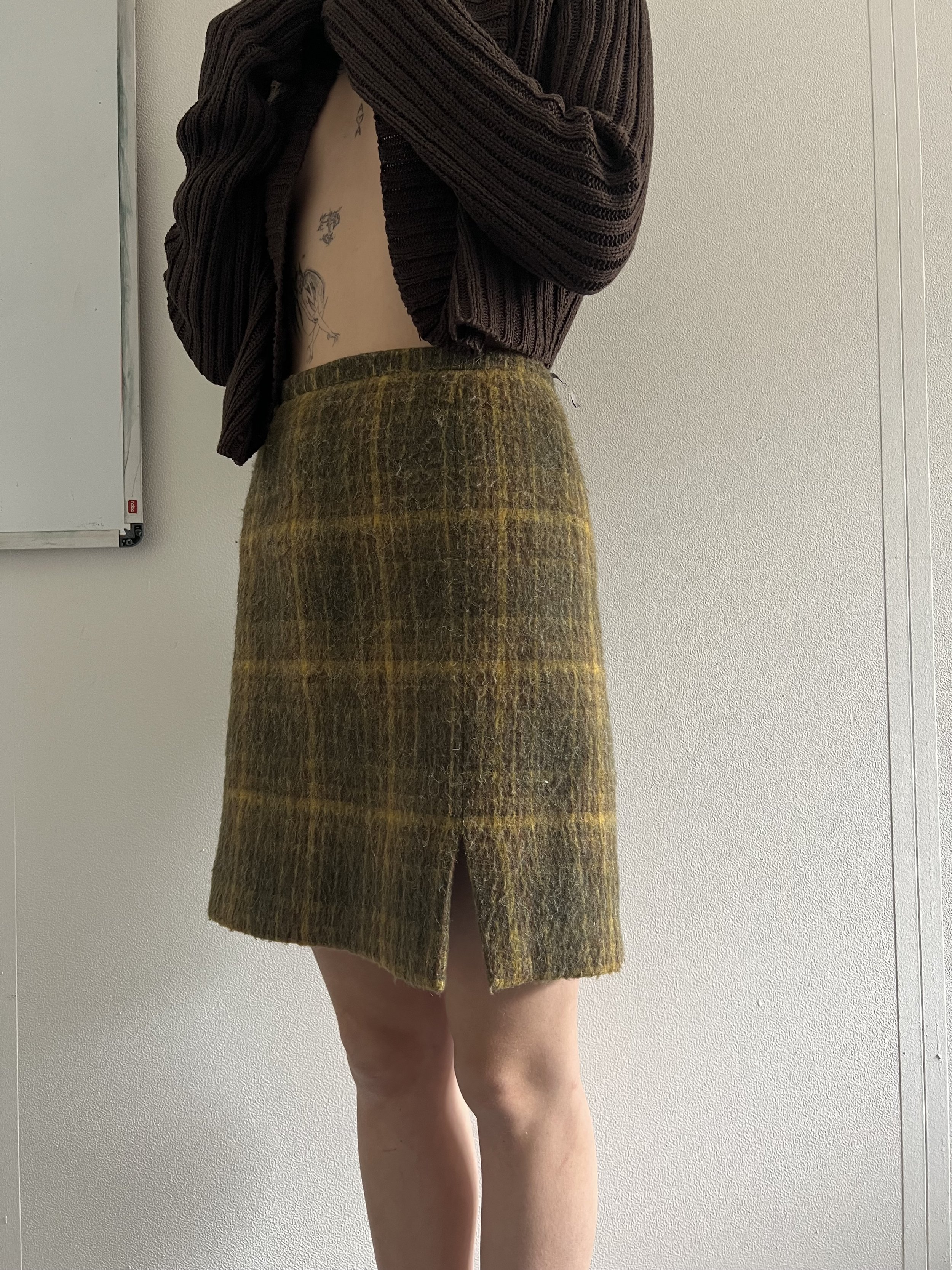 90's Vintage Forest Green Mini Skirt with Yellow Stripes