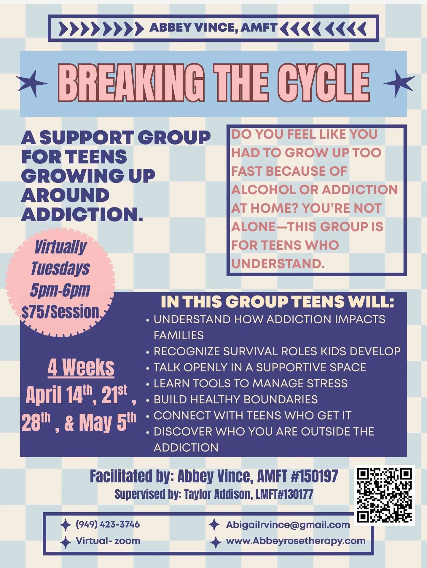 Hello! I&rsquo;m starting a 4week virtual therapy group for teens located in California who are adult children of alcoholics. If you or someone you know is too young for Alanon and doesn&rsquo;t really feel at home in alateen or is in need of more of