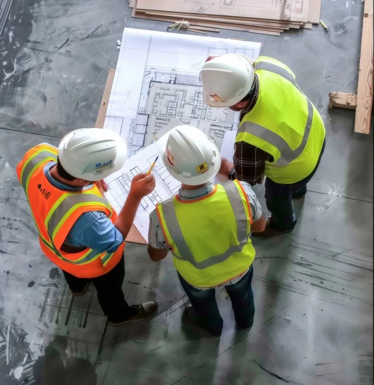 Three construction workers wearing safety vests and helmets examining architectural blueprints on a construction site floor.
