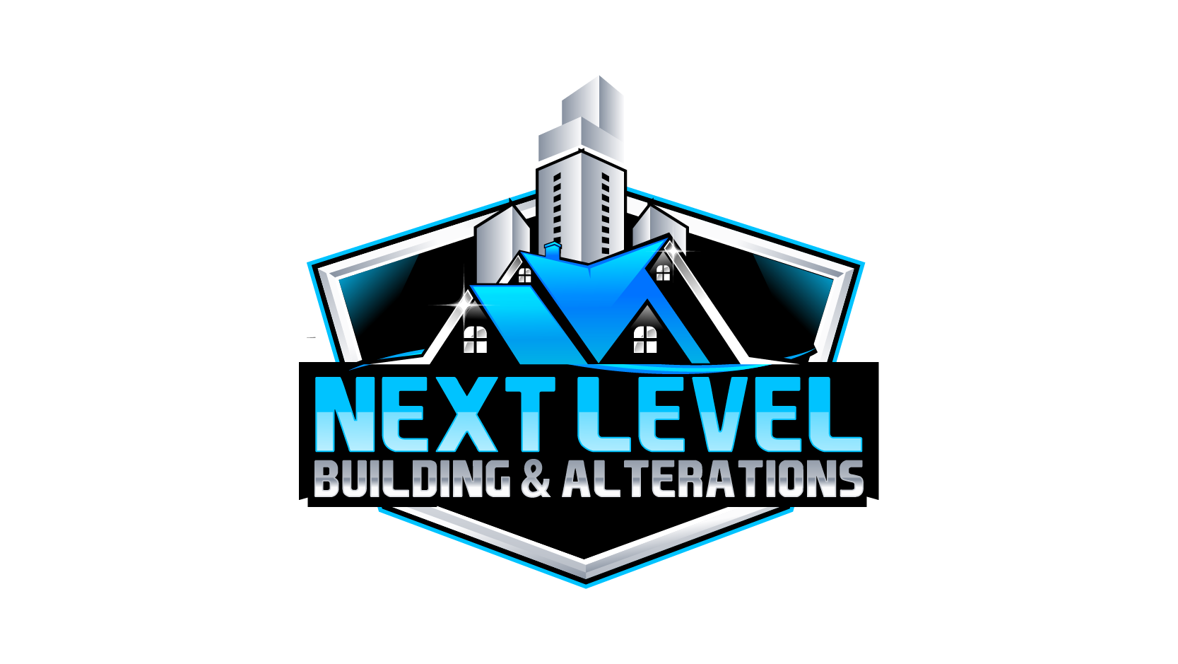 Logo featuring a blue roof with windows, a skyscraper, and the text "Next Level Building & Alterations."