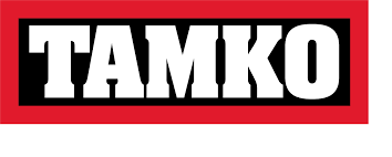 TAMKO logo with bold white letters on a black background and a red border.
