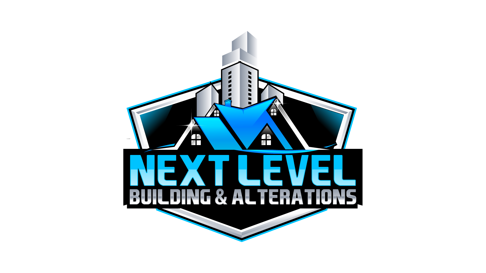 Logo for Next Level Building & Alterations with a blue and black color scheme featuring a stylized building and house roof.
