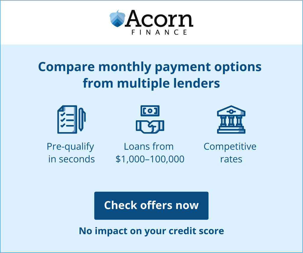 Acorn Finance advertisement with options to compare loan offers from multiple lenders, featuring pre-qualification, loan amounts from $1,000 to $100,000, and competitive rates. Includes a button to 'Check offers now' with no impact on credit score.