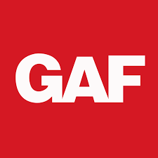 "GAF" logo in white on a red background