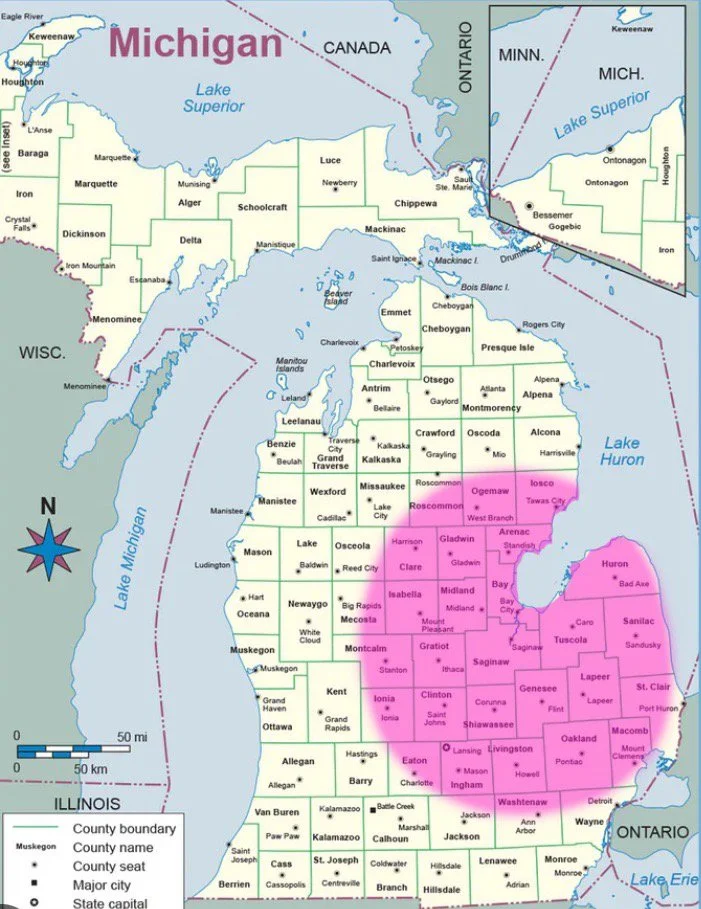 Map of Michigan showing counties, major cities, and surrounding lakes. Highlighted area covers the central and southeastern parts of the state.