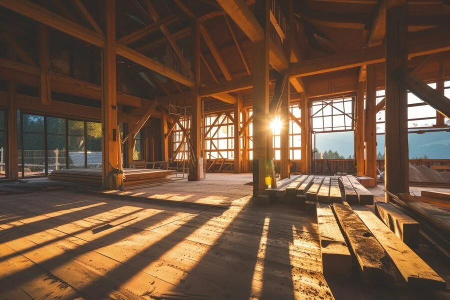 Sunlit interior of a wooden building under construction with timber beams and planks, large windows, and sunlight streaming through the structure.
