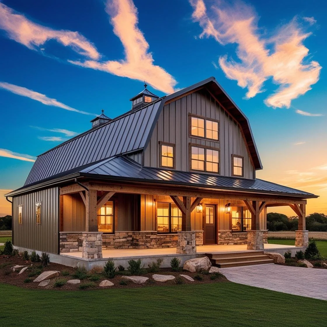 Modern barn-style house with a metal roof, large windows, and a spacious porch, surrounded by greenery under a blue sky with clouds.