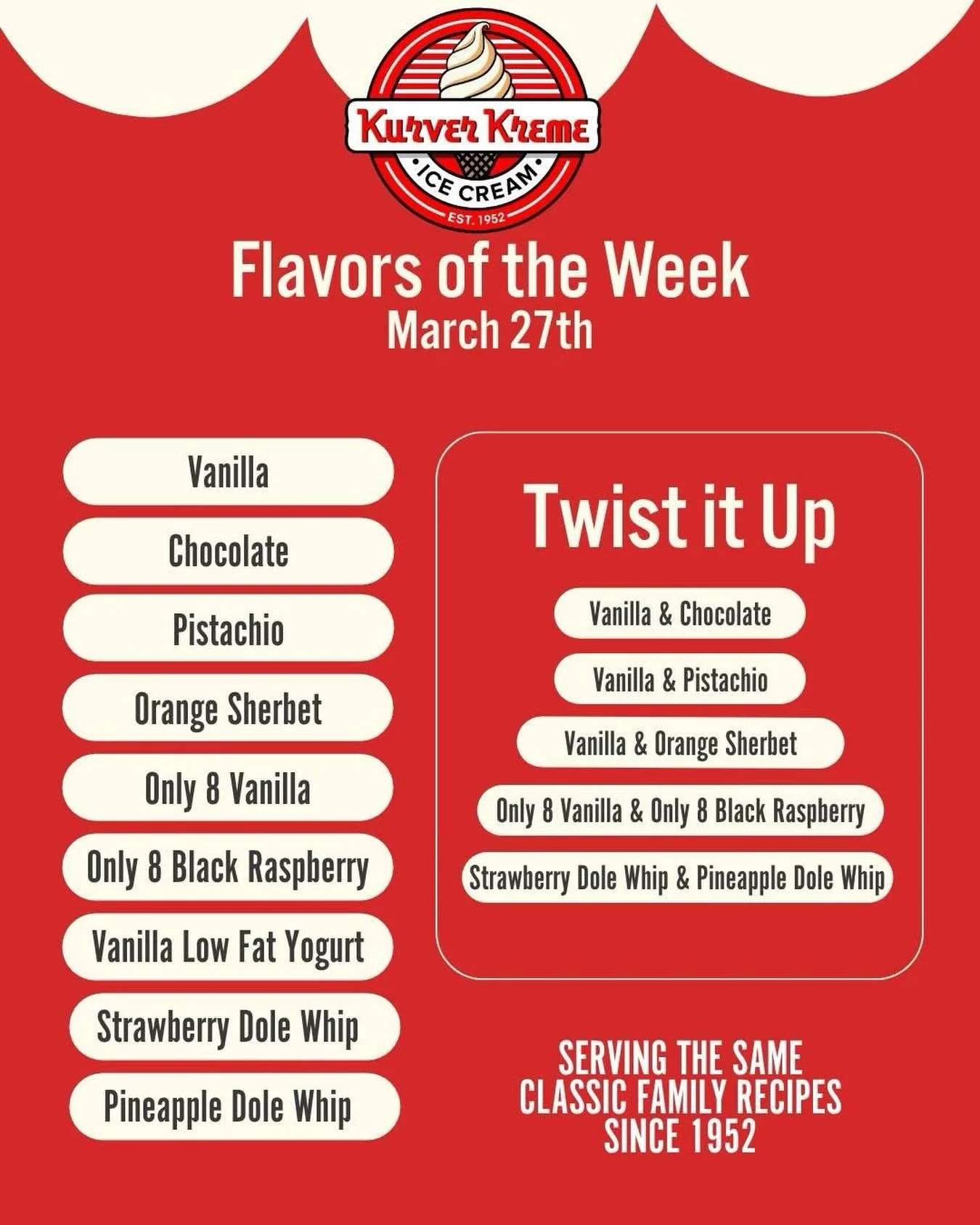 It&rsquo;s finally hereeee 🍦🎉⁠
Opening Day at Kurver Kreme is TODAY! You better believe that we&rsquo;re kicking things off with pistachio 💚✨⁠
⁠
Come celebrate opening day with us! We&rsquo;re open 11:30AM - 9:00PM.