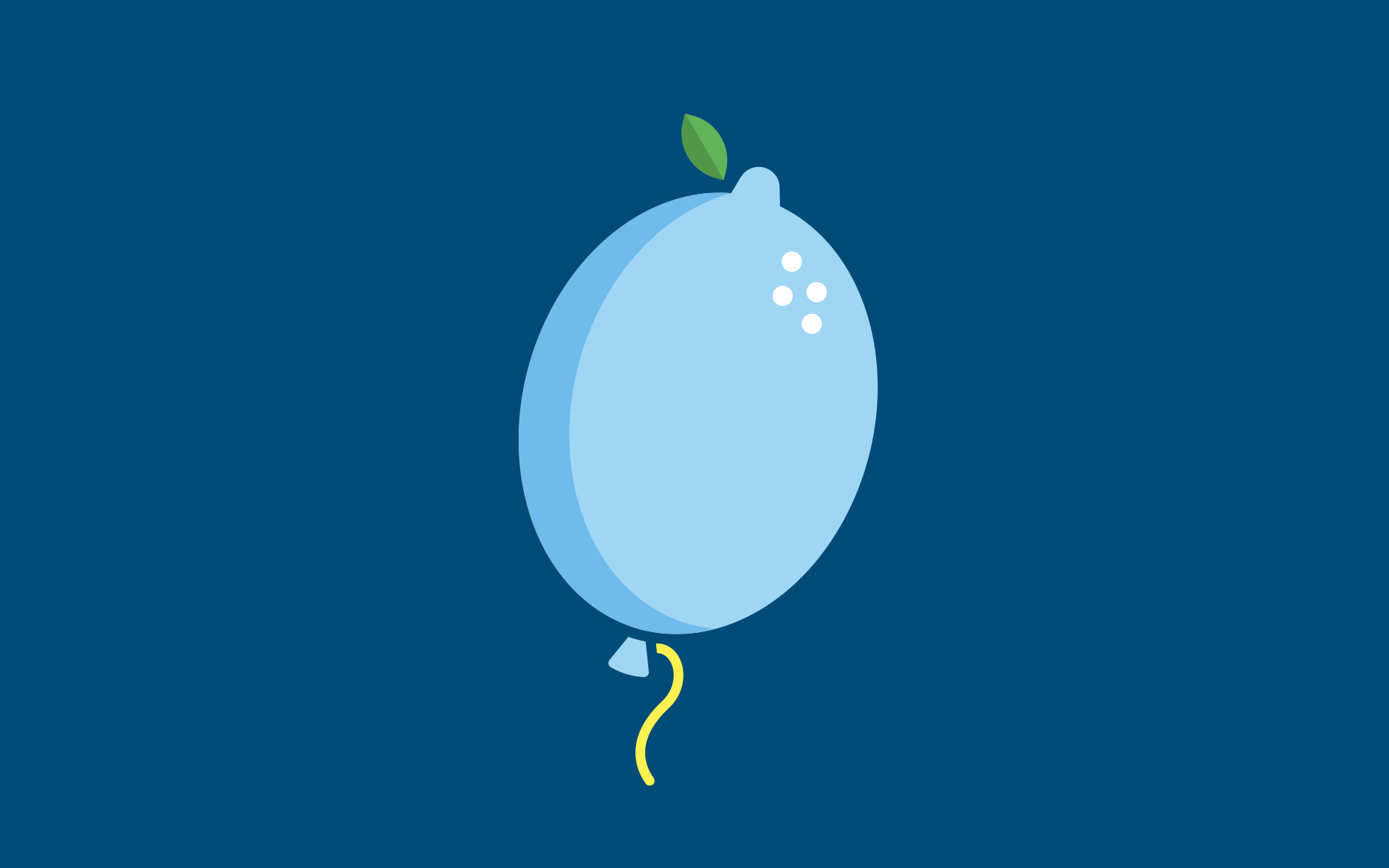 A light blue balloon with a small green leaf at the top, decorated with three small white dots, and a yellow string at the bottom, set against a dark blue background.