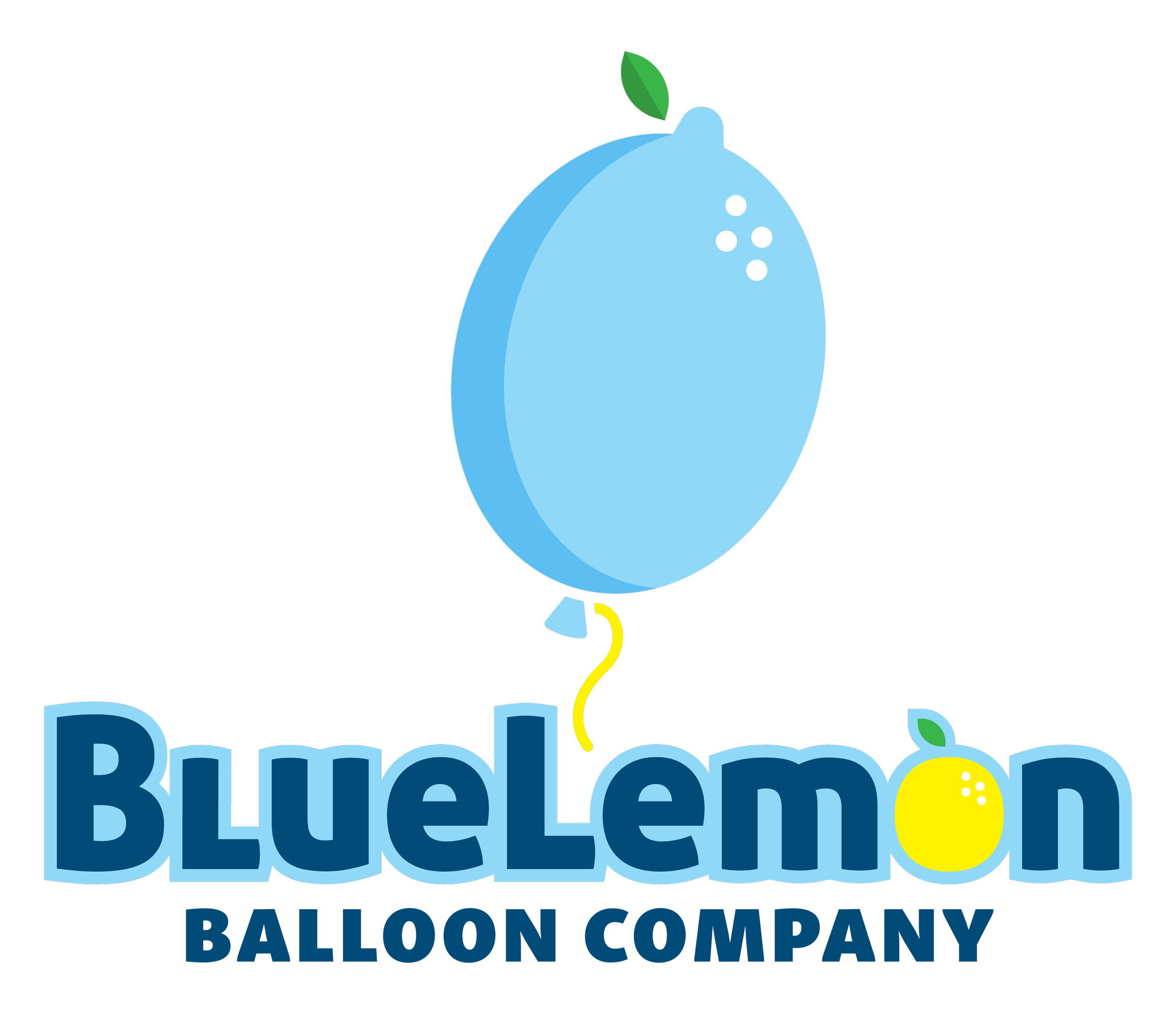 Logo for BubblePop Balloon Company featuring a blue balloon with a green leaf and a yellow balloon with a string, and the company name in large blue text.