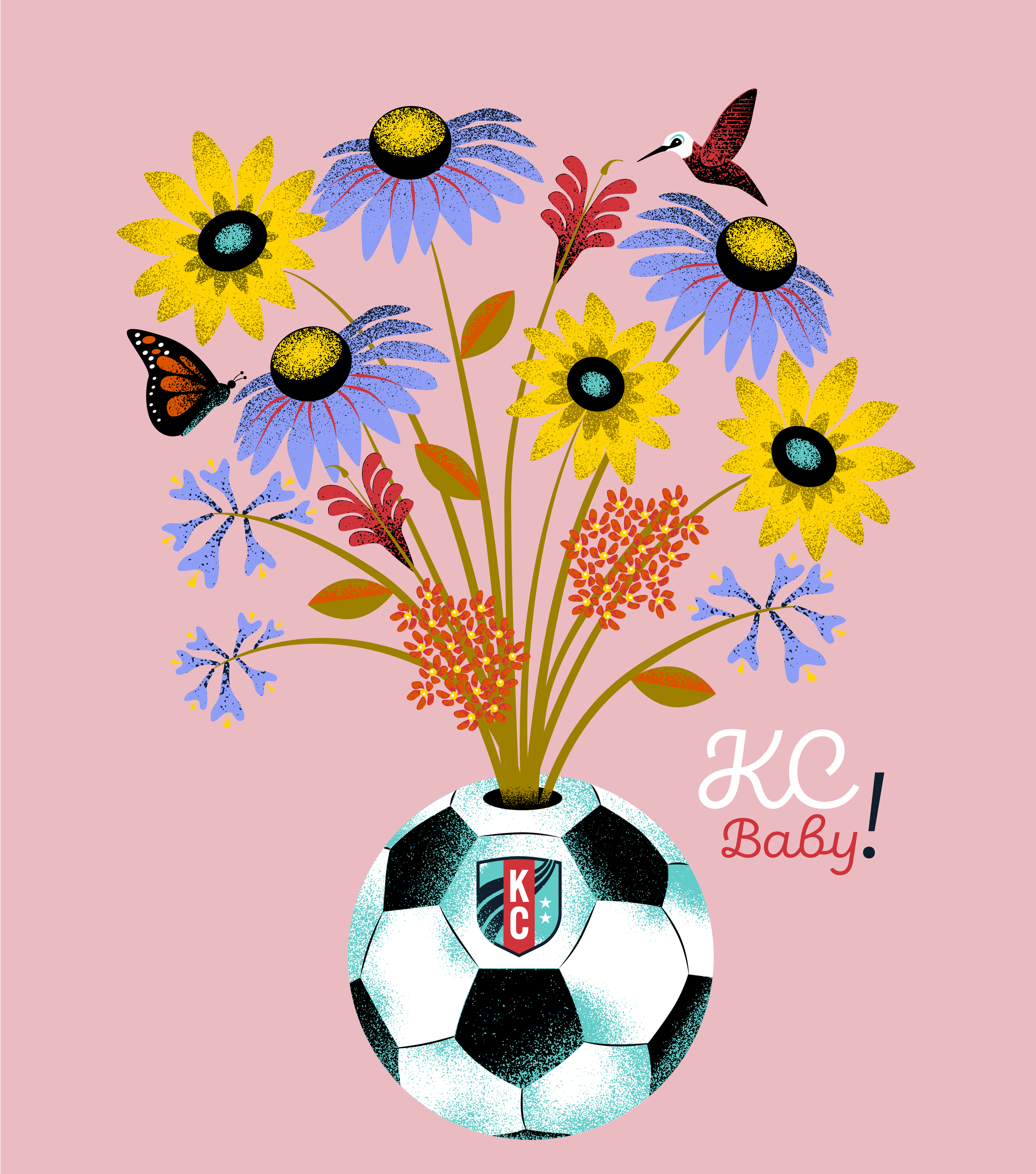 Decorative pink background with a bouquet of yellow and blue flowers in a soccer ball-shaped vase with the Kansas City Current crest, accompanied by a butterfly and a hummingbird, and the text 'KC Baby!' in cursive.
