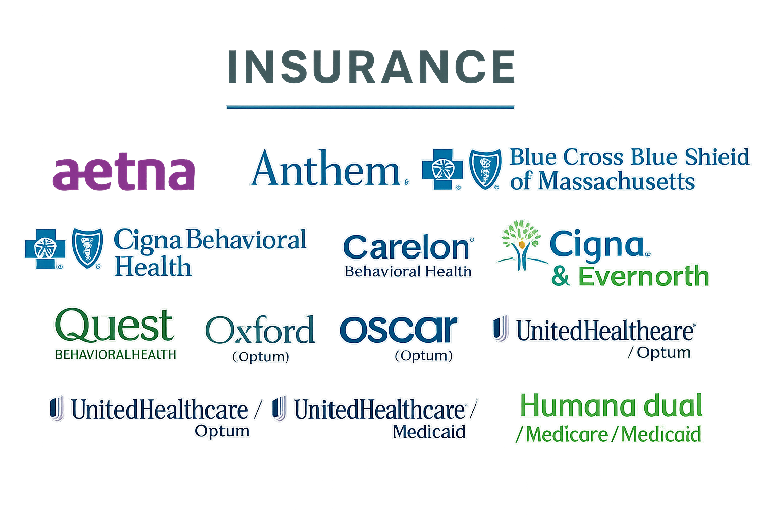 A collage of logos from various healthcare and insurance companies, including Anthem, Cigna, Carelon, Quest, Oscar, Humana, United Healthcare, Aetna, Blue Cross Blue Shield of Massachusetts, and others.