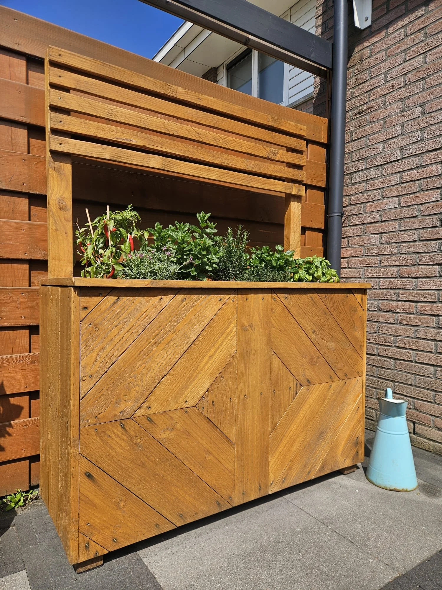 Een houten plantenbak met verschillende kruiden en planten, naast een blauwe watergieter, tegen een bakstenen muur en een houten hekwerk, onder een overkapping.