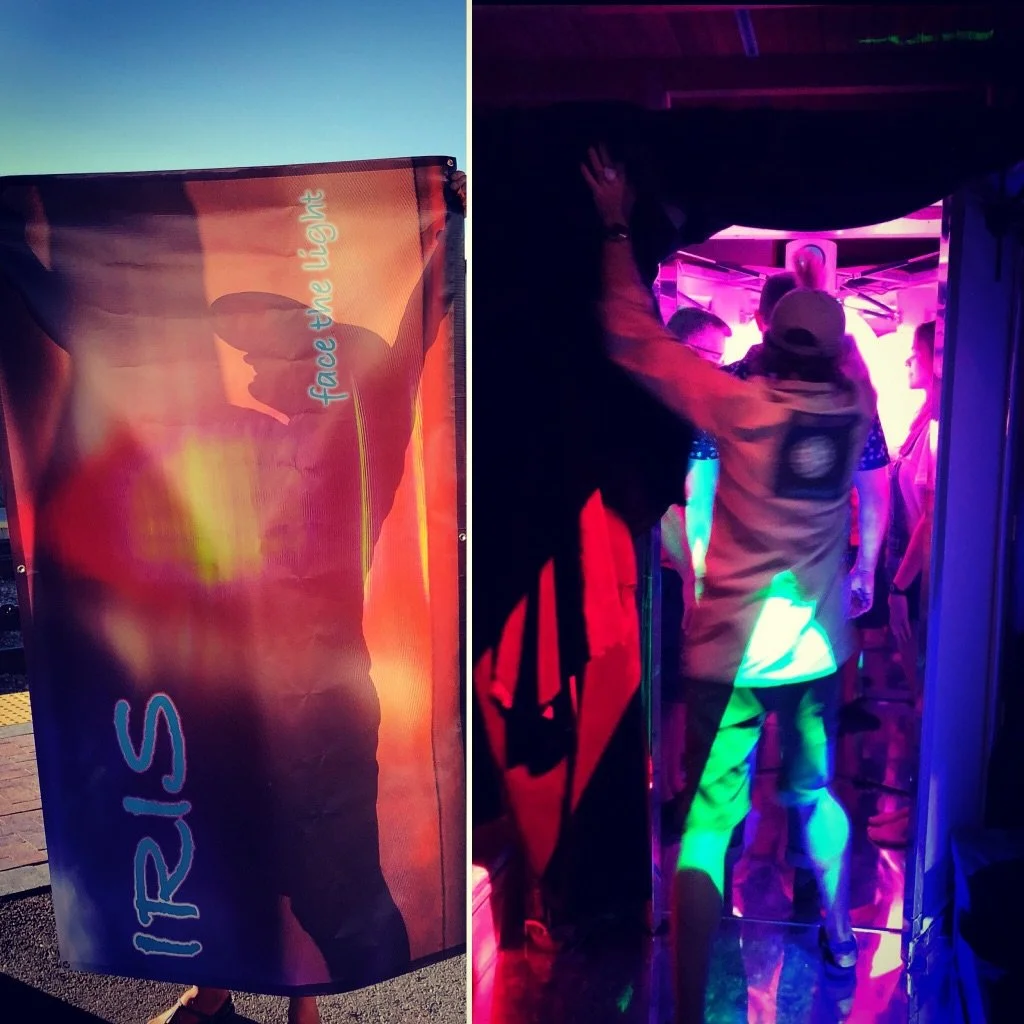 A promotional banner on the left with an image of a woman with arms raised and the text "Face the Light" and "IRIS" written on it. On the right, a scene at a club or party with people dancing under colorful lights, with one person in the foreground wearing a hoodie with a patch.