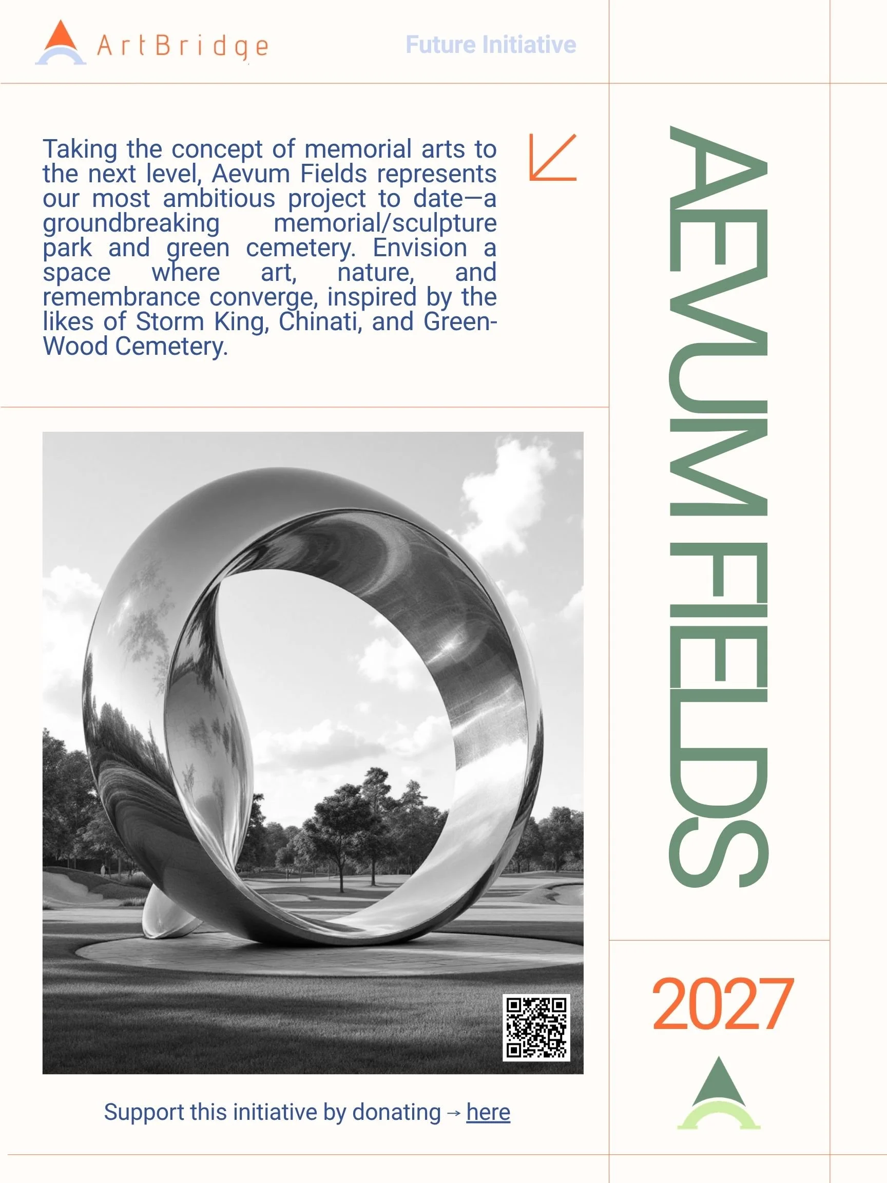 Aevum Fields poster featuring a black and white photo of a large, shiny, circular sculpture outdoors with trees and a cloudy sky in the background. The sculpture has a twisted, modern art design.