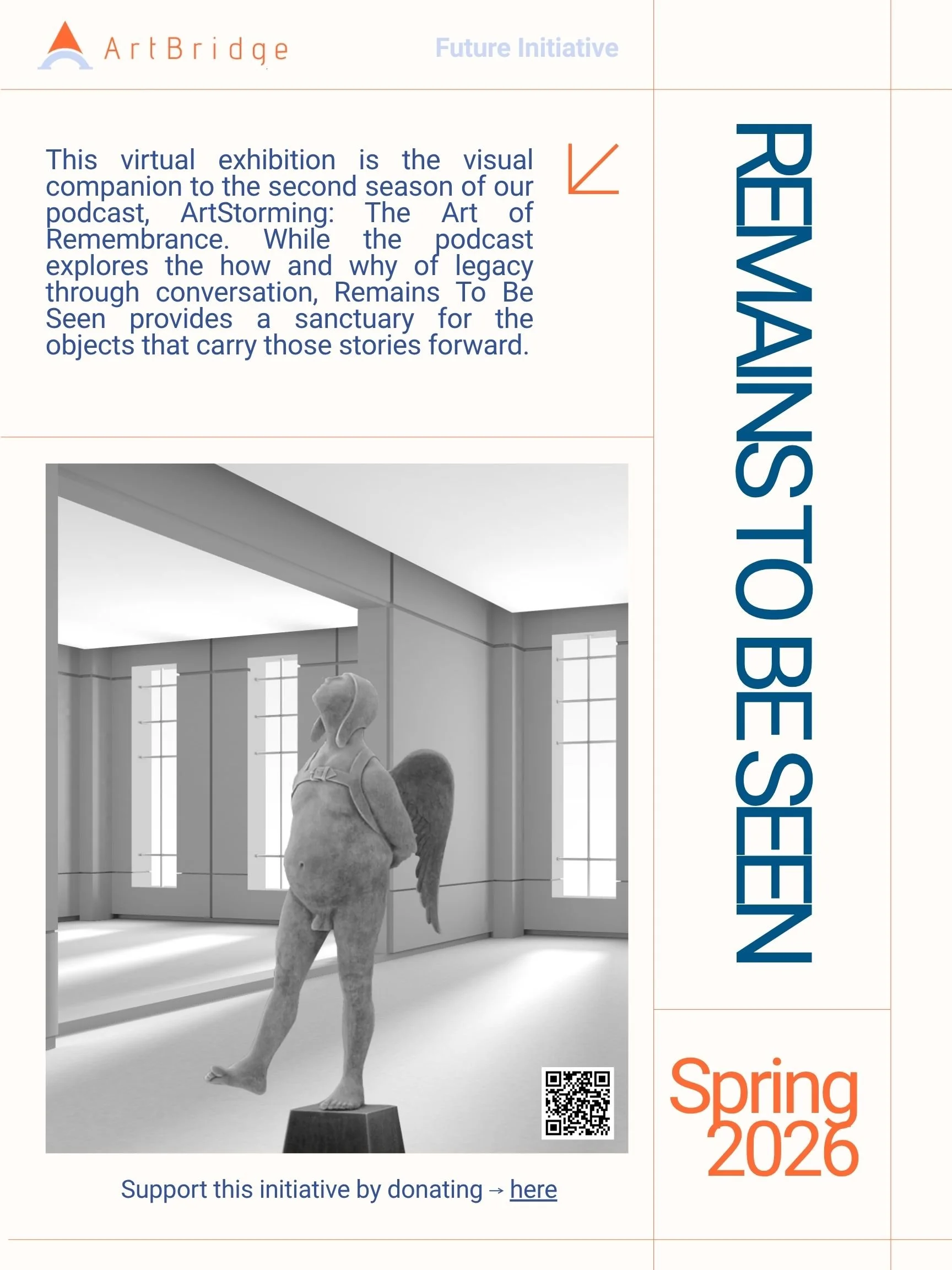 A virtual art exhibition poster called Remains to be Seen featuring a sculpture of a standing dog with wings in a gallery setting, with information about the upcoming event in Spring 2026 and options to support through donations.