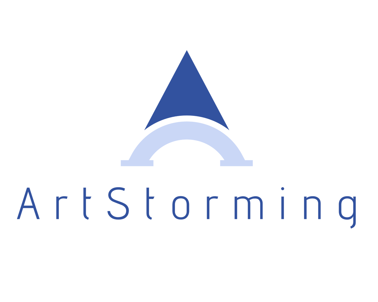 Logo of ArtStorming featuring a blue triangle above a semi-circular arch with the text 'ArtStorming' below in blue font.