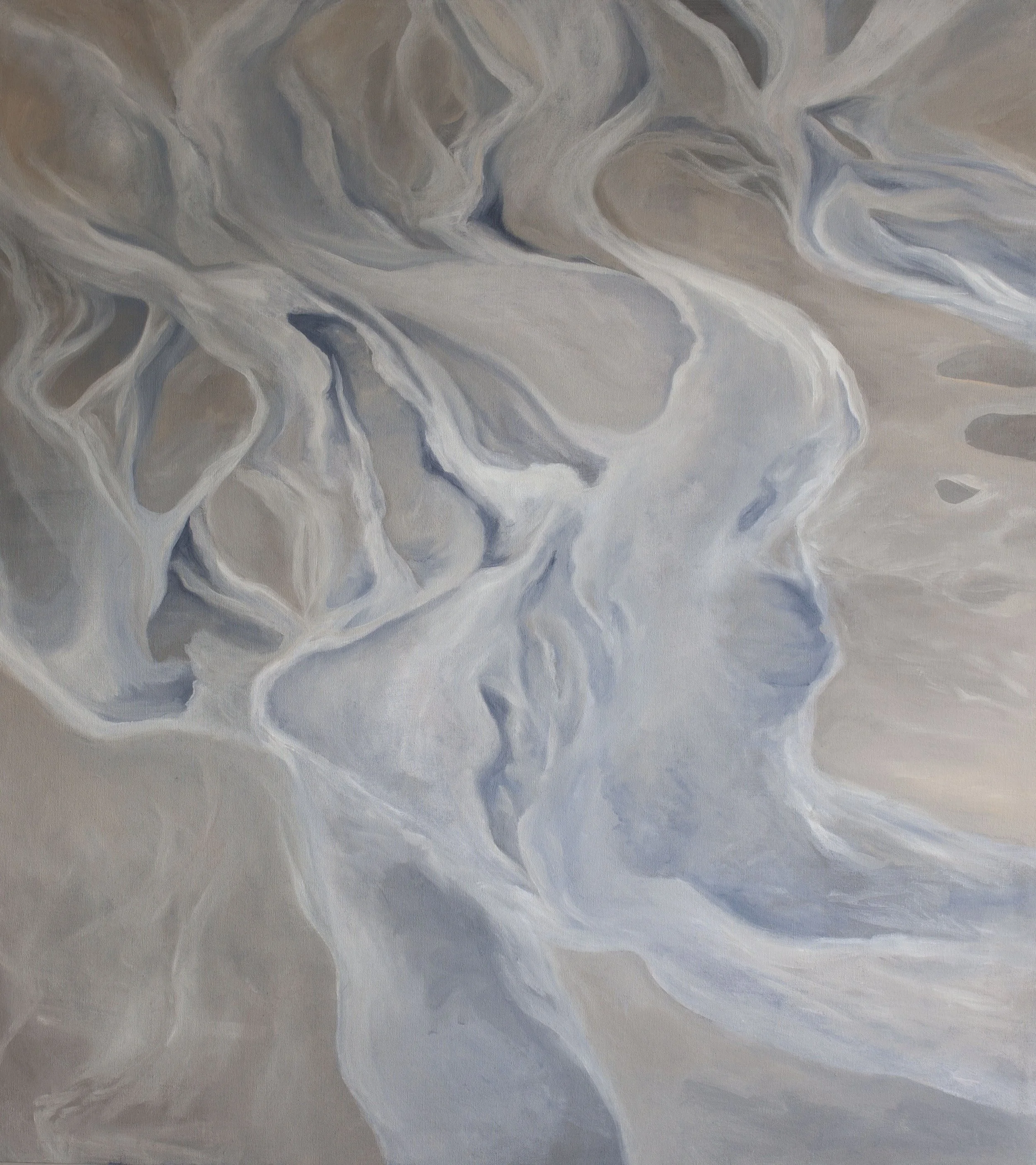 An abstract aerial view landscape painting of ash river runoff in Iceland with swirling patterns in shades of beige, gray, white, and hints of brown.