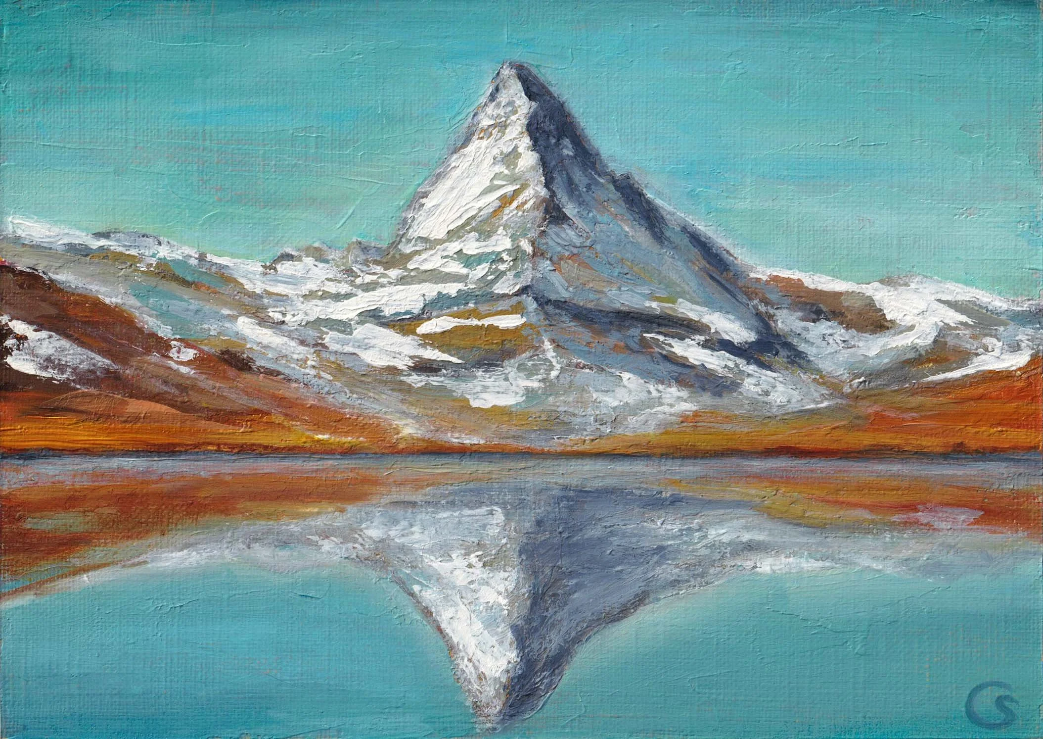 A colorful impressionist palette knife landscape oil painting of Matterhorn mountain in the Swiss Alps in Switzerland covered in snow with a clear blue sky background and a reflection of the mountain in the water. The colors are orange, teal and blue