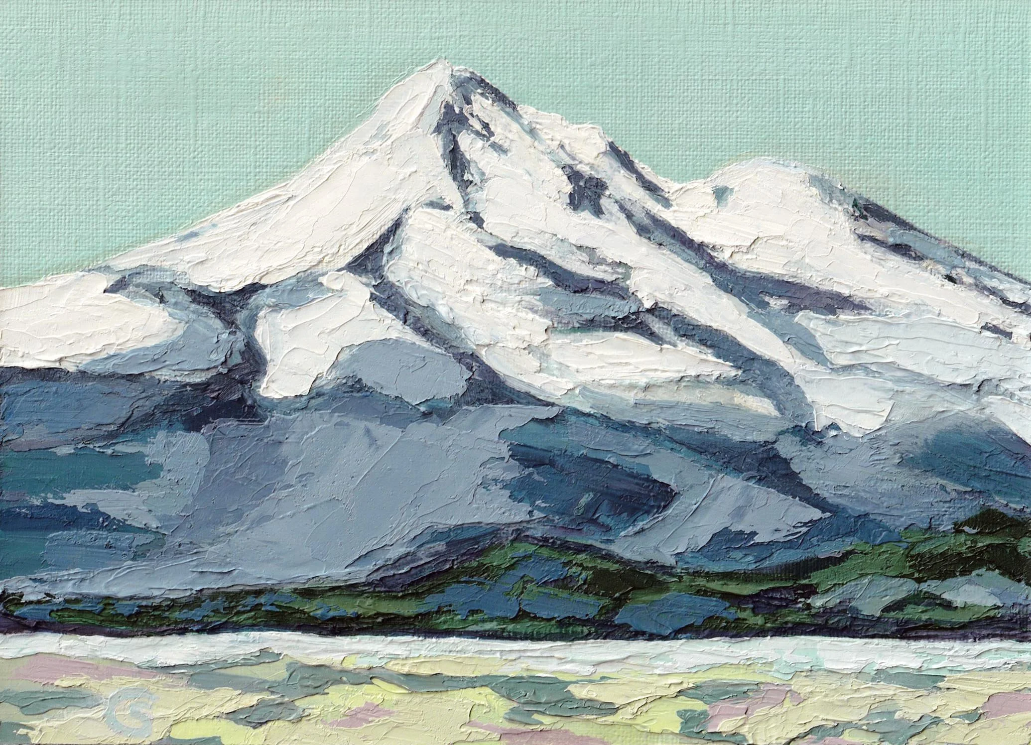 A colorful abstract palette knife impressionist-style oil painting of snow-capped Mount Shasta in California with a sky background and green landscape at the base.