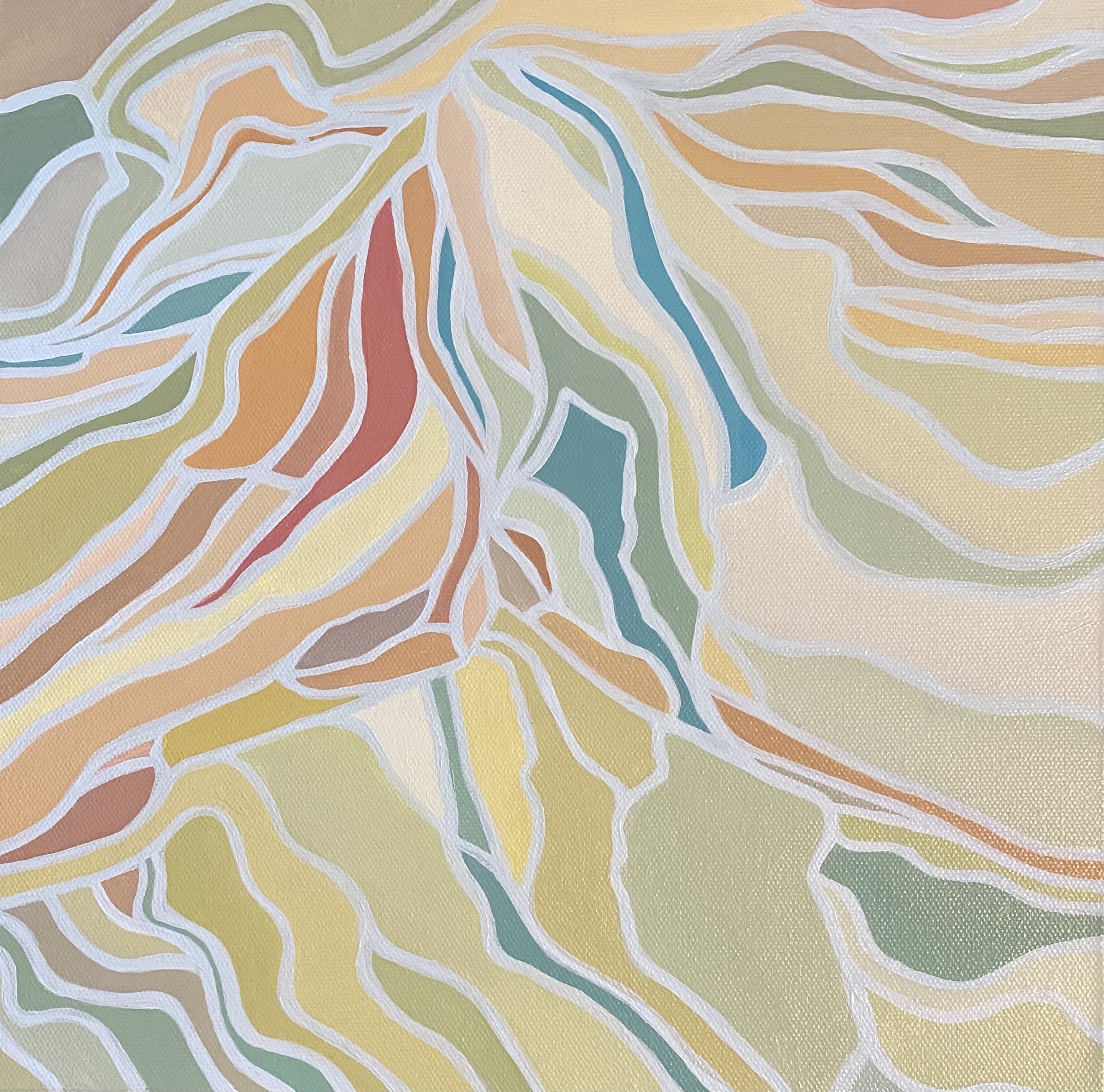 A mid century modern abstract topographical aerial view landscape of rice terraces at sunset with flowing white lines creating a web-like pattern on a background of earthy tones, including shades of orange, brown, beige, and green.