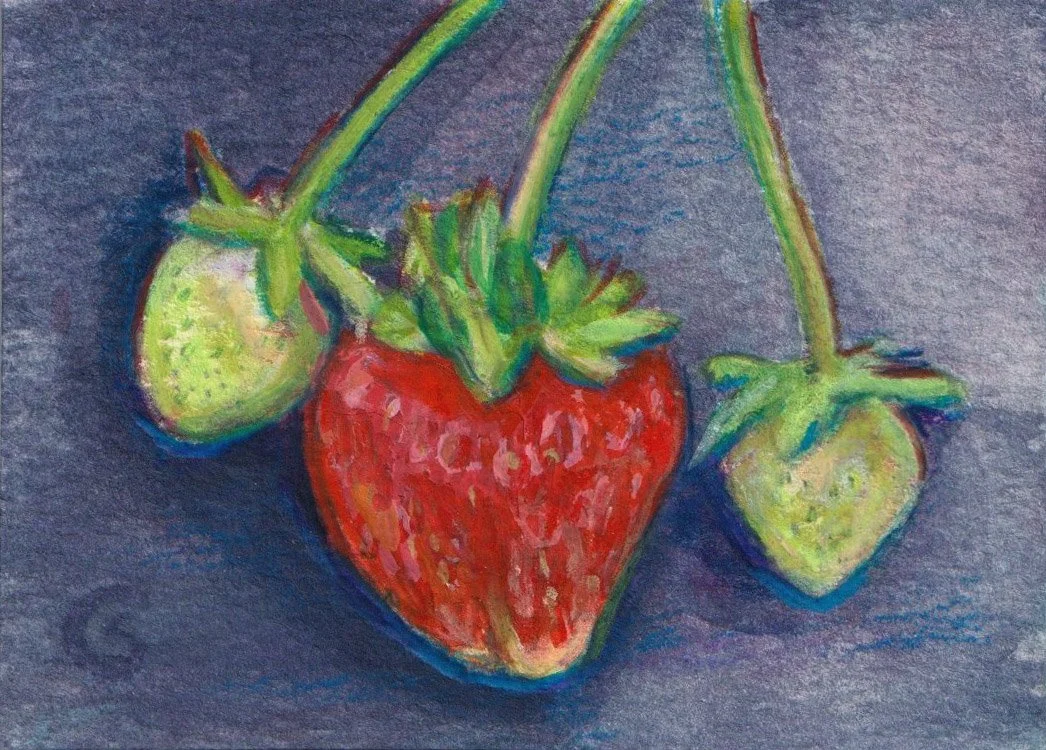 Colorful mixed media watercolor painting ACEO of a large red strawberry with green leaves and stem, and two hanging green strawberries, set against a dark purple gray background. 