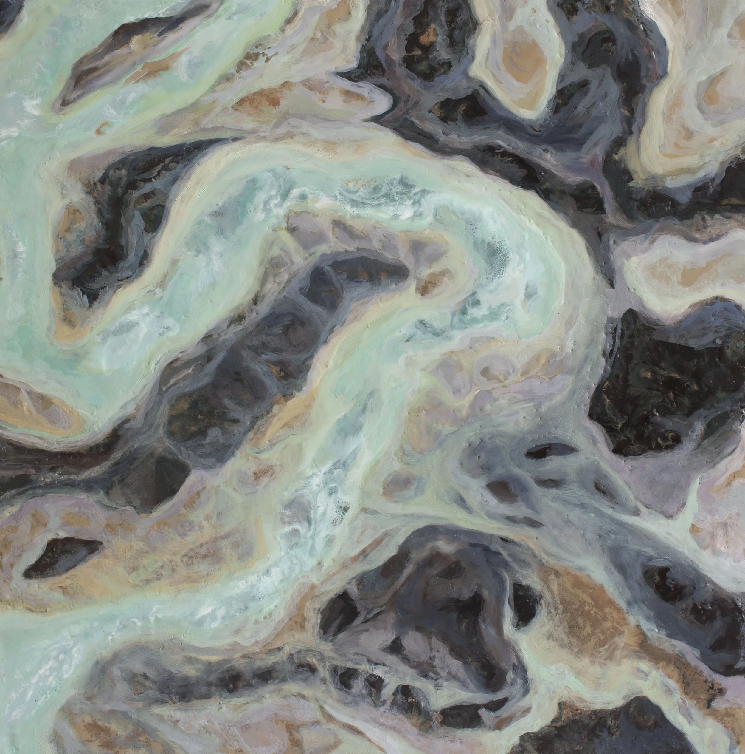 An abstract aerial view encaustic landscape painting of a river with swirling patterns of black, beige, mint green, and purple colors.