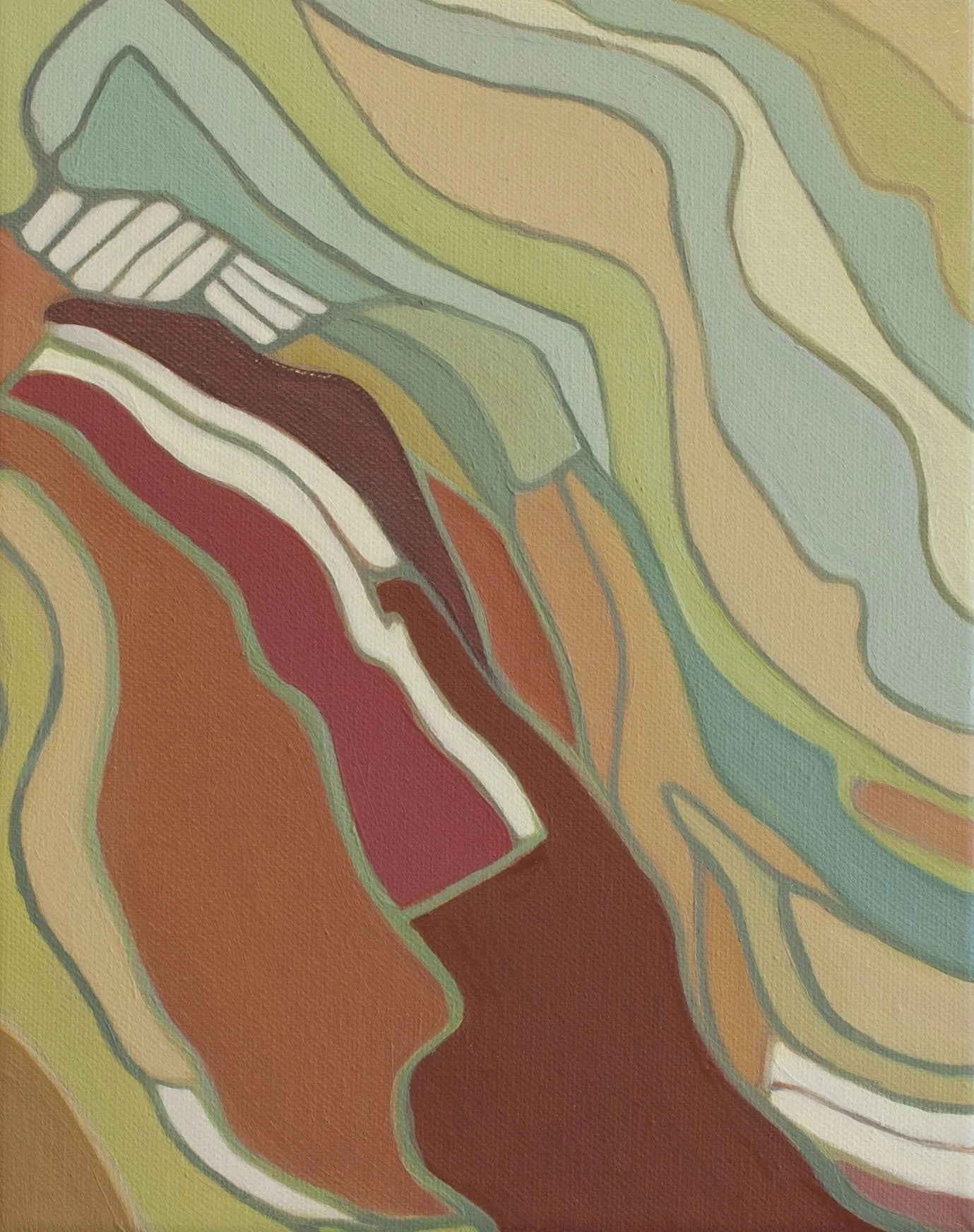 A mid century modern abstract topographical aerial view landscape of rice terraces at sunset using a warm color palette, thick, curving lines and shapes in shades of green, orange, white, blue, red, and brown.