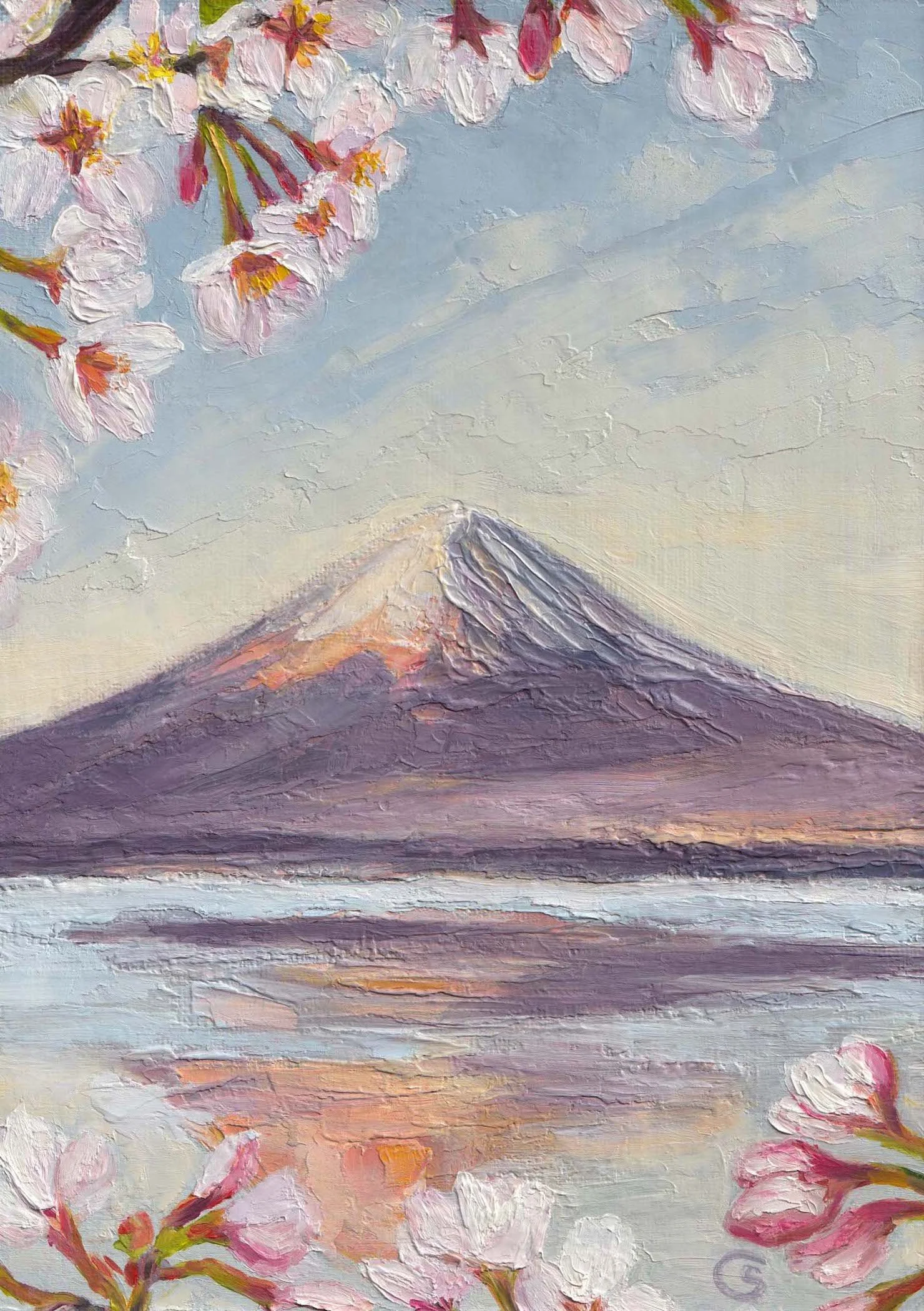 A colorful impressionist style palette knife landscape oil painting of Mount Fuji with pink cherry blossoms in the foreground and a pale sky sunset or sunrise in the background with a reflection of Mount Fuji in the water.