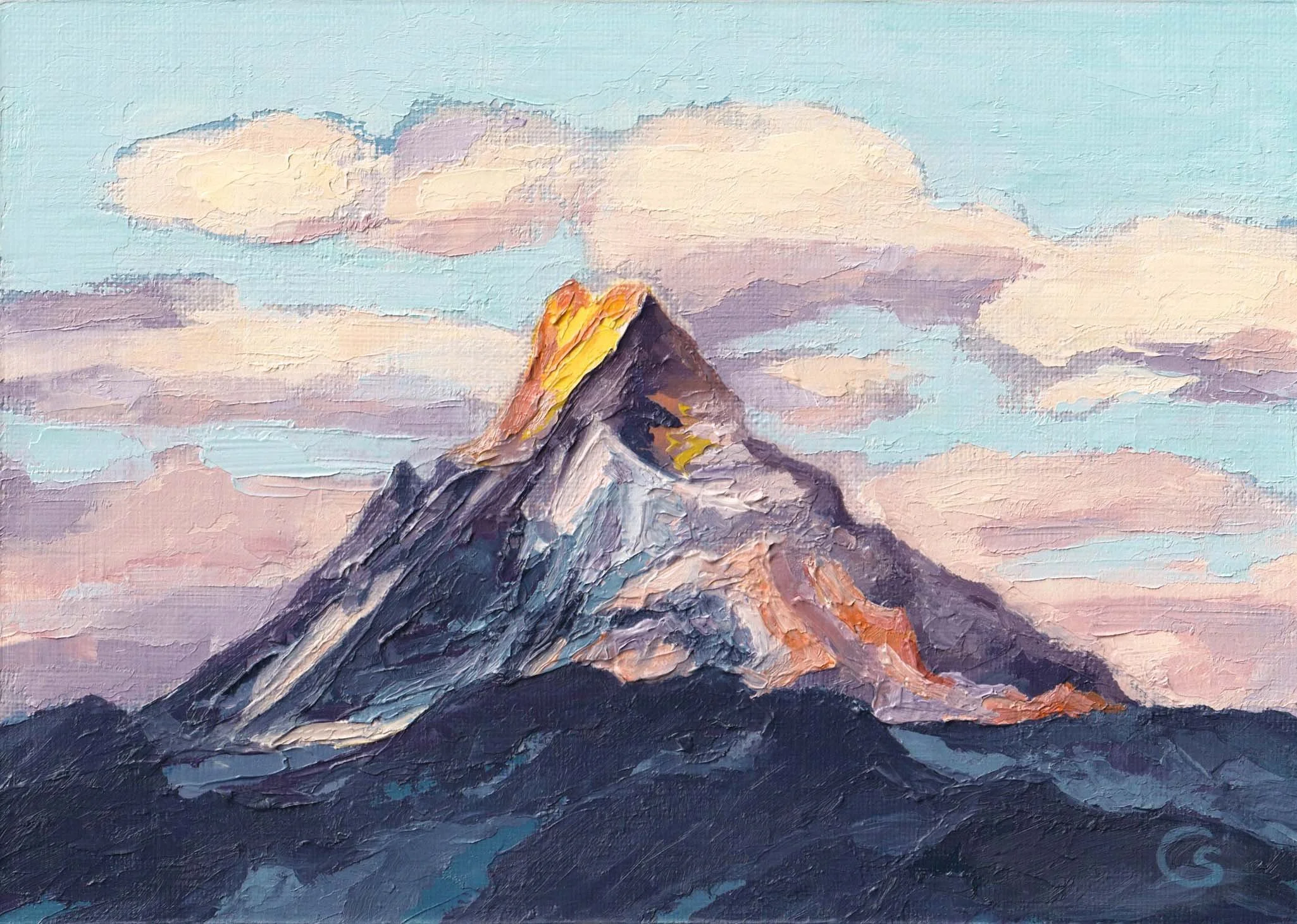 A golden hour impressionist palette knife oil painting of mountain Annapurna in the Himalayas. The mountain peak  is stunning with snow, set against a sky with CLOUDS painted in pastel shades of pink, purple, and blue.