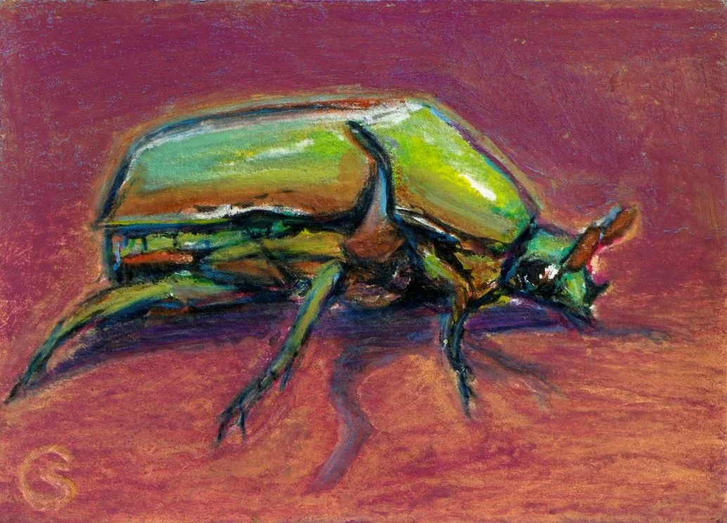 An artistic painting of a green beetle on a reddish-pink background.