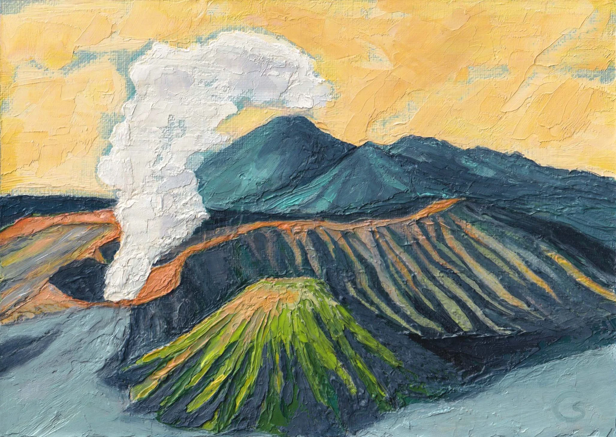 Painting of mountains with a white steam or smoke plume rising from a volcano against a yellow sky.