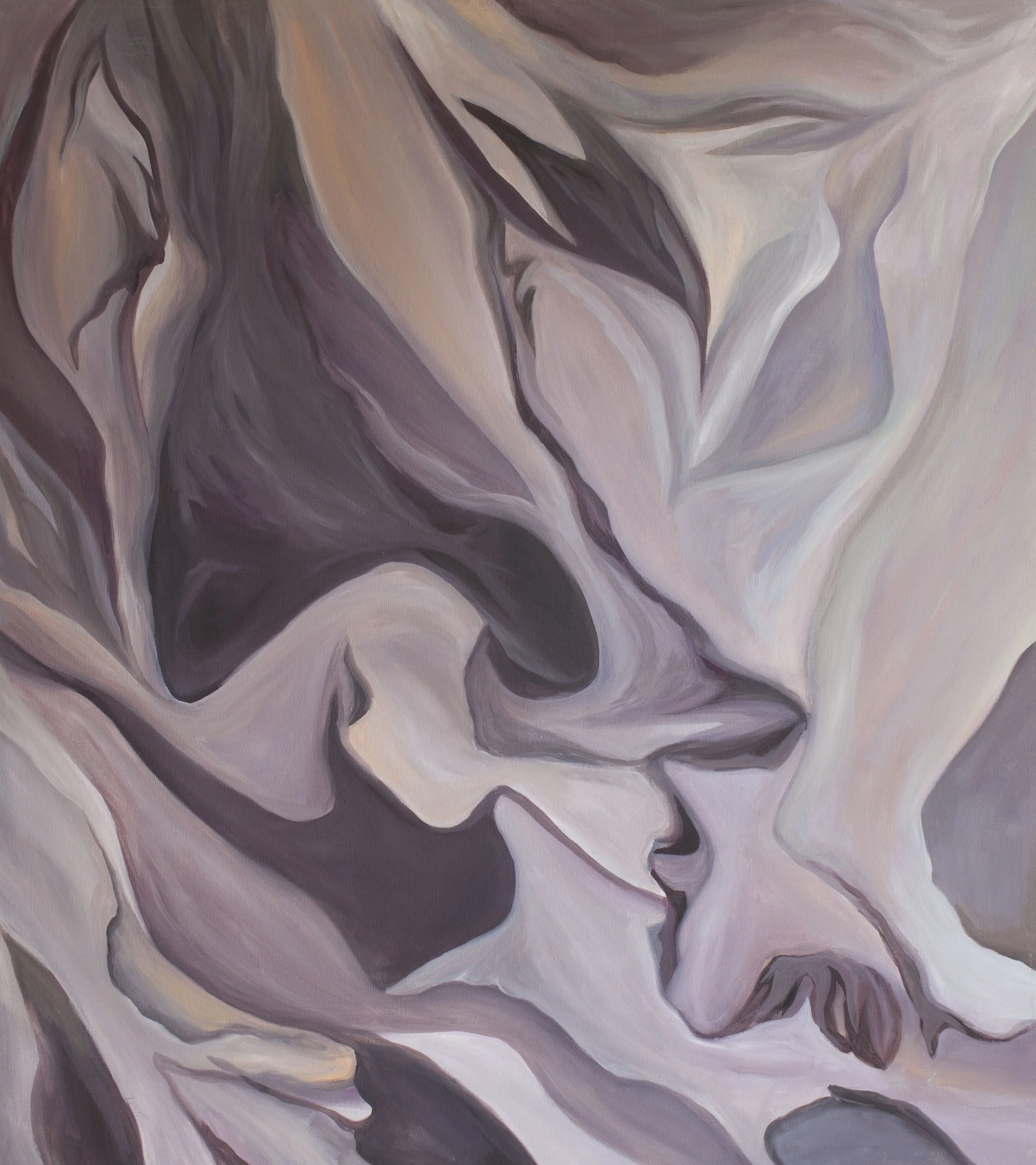 An abstract aerial view landscape painting of ash river runoff in Iceland with swirling patterns in shades of purple, pink, and beige, resembling a flowing, organic composition.
