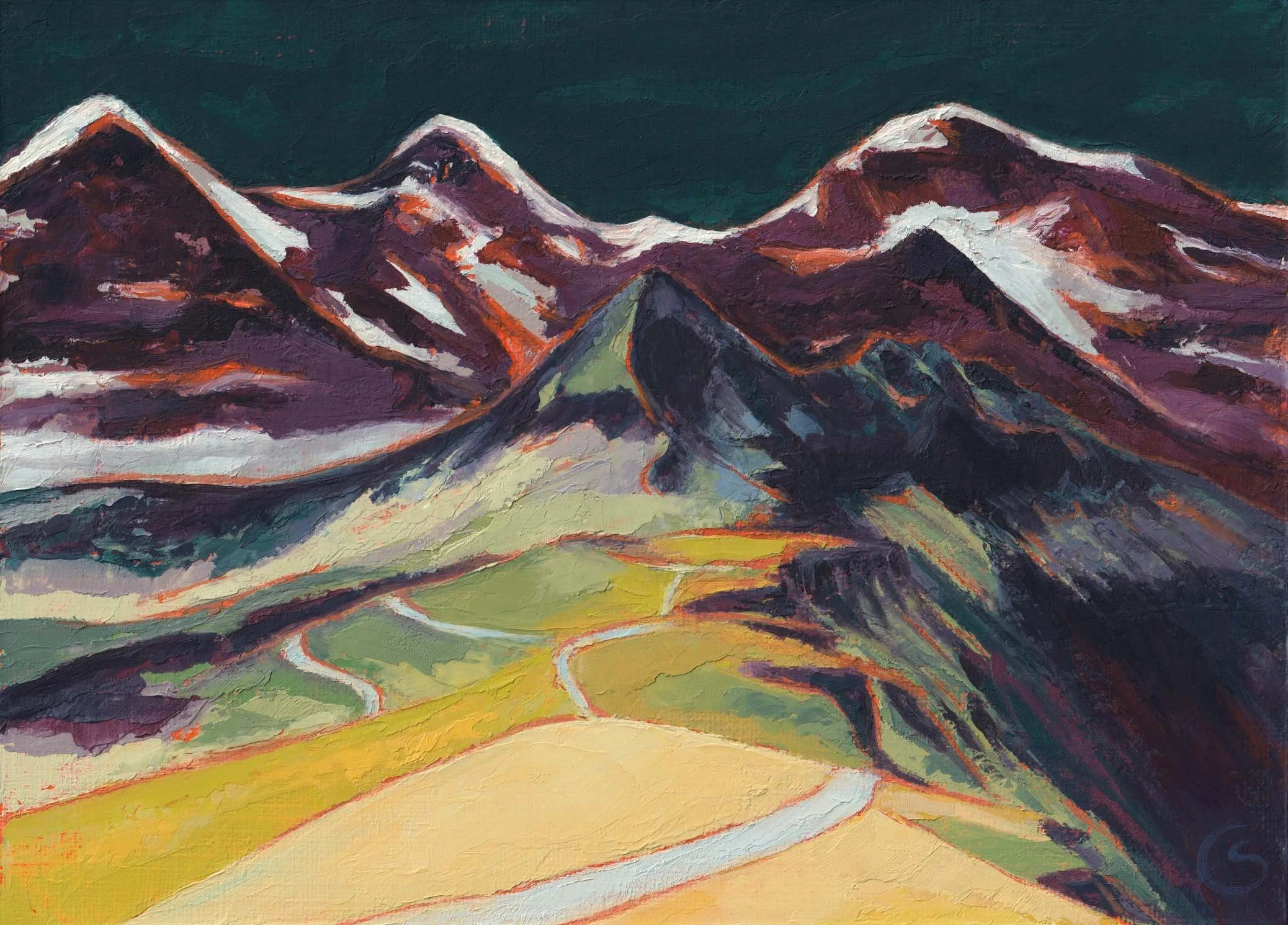 A colorful abstract palette knife impressionist-style oil painting of Junfrau mountain in the Bernese Alps of Switzerland showing snow-capped peaks in dark and light shades. The foreground features green and yellow rolling hills.