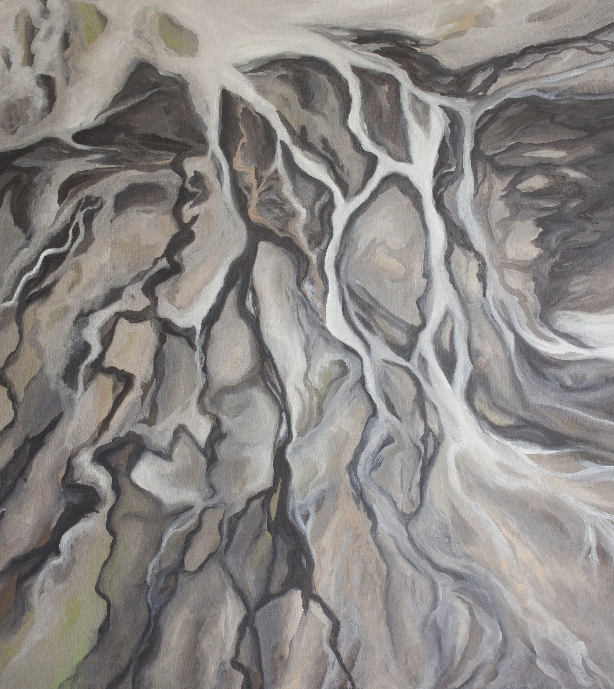 An abstract aerial view landscape painting of ash river runoff in Iceland with swirling patterns featuring flowing, branching lines in various shades of gray, black, and white, resembling a natural landscape or river system.