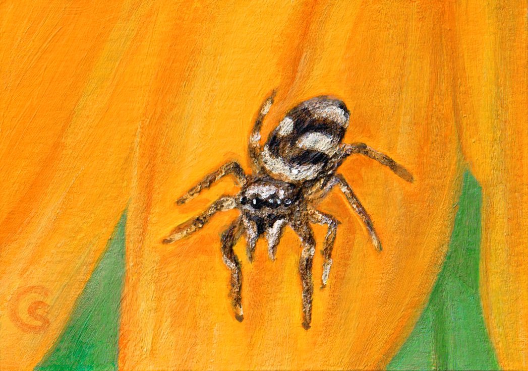 Painting depicting a bee on a yellow-orange flower with green accents.
